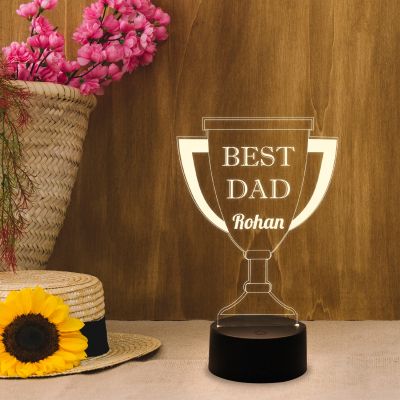 Best Dad Trophy Acrylic Night Lamp | Personalized with Name | Warm White Light & On/Off Touch Button | USB Data Cable